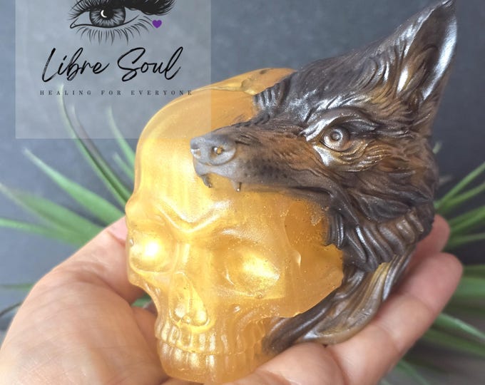 Wolf Head on Skull Resin - Gold & Brown Halloween Decor