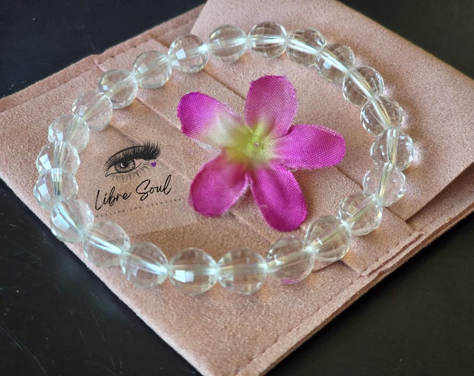 Natural 8mm Faceted Clear Quartz  Crystal Beaded Bracelet Gift Idea, Pochette Included!