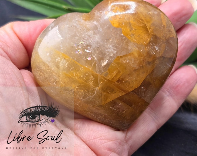 Natural Golden Healer Crystal Heart w/ Rainbows~ 65mm 2.5"