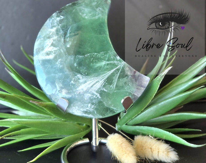 Natural Feather Fluorite Moon  Crystal Carving w/ stand/ Fluorite  Crescent Moon|Green Fluorite Crystal Quartz