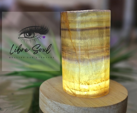 Natural Fluorite Crystal Lamp: Rainbow Yellow Banding (USB Lamp Included)