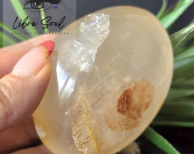 Natural Golden Healer Palm Stone with Rainbow Flash and Hematoid/Fire Quartz| Beautiful Palm Stone