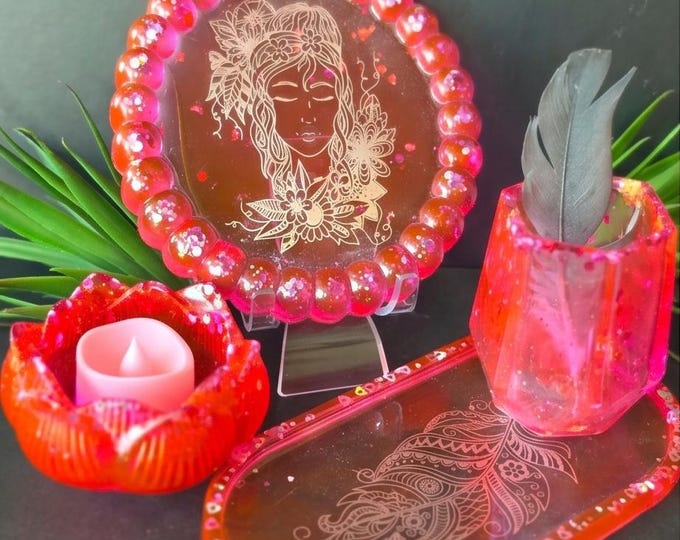 Bohemian GIrl & Feather Resin Trays  w/ a brush/pen holder and tealight  |Handmade | Decorative|
