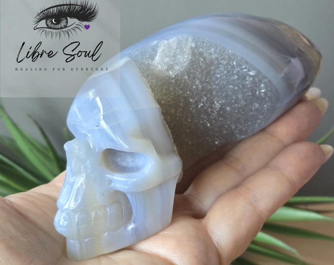 Natural 5" Agate Alien Skull with Druzy  & Calcite| Crystal Skull Carving | 5"