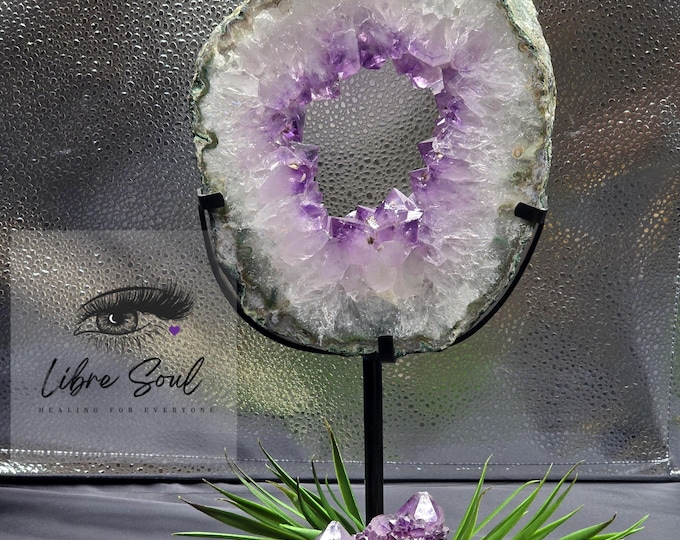 Natural Amethyst Geode  Slice Halo Ring with Stand~ Amethyst Portal~ Rainbow Quartz~ Stunning