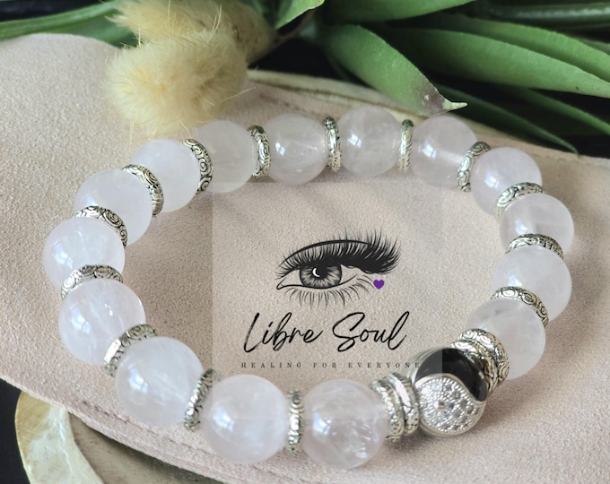 Natural Rose Quartz Ying Yang Swarovski Bracelet| A+ Quality 10mm