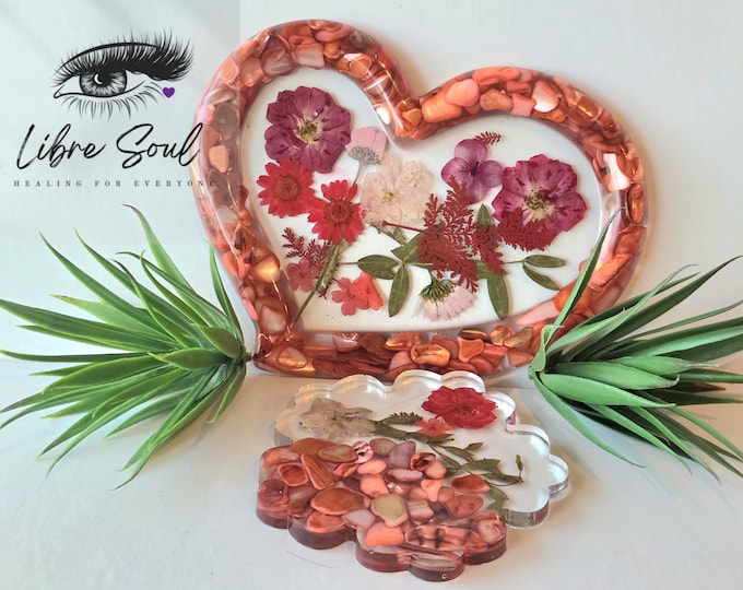 Dried Flowers and Mother of Pearl  8" Handmade Resin  Heart Tray/ Bowl | Resin| Decorative