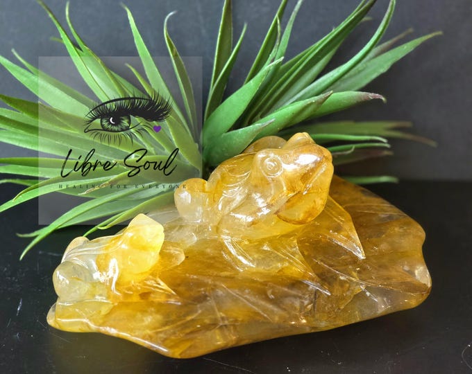 Golden Healer Frogs on a Lily Pad Crystal Carving: 6" | Polished Stone