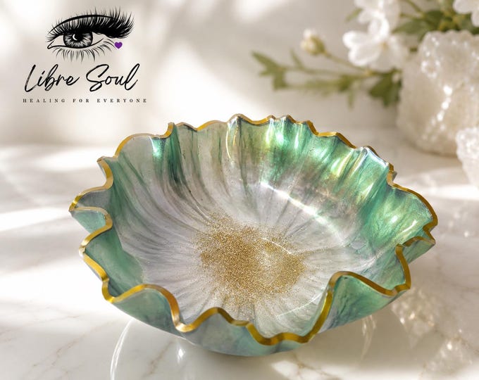 Peacock Green and Gold Handmade Resin Decorative Bowl , 9" Wide