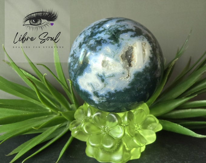 Natural Moss Agate 70mm Crystal Sphere with Druzy~ Quartz| Stand INCLUDED!!