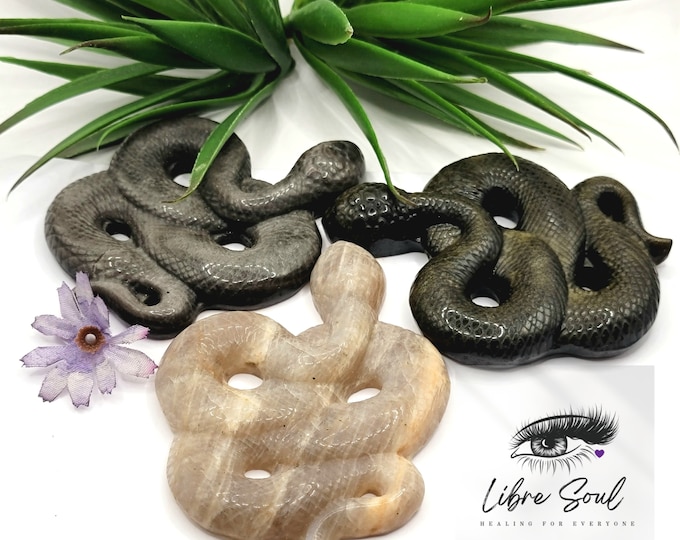 Natural Snake Carvings in Moonstone or Obsidian Crystal