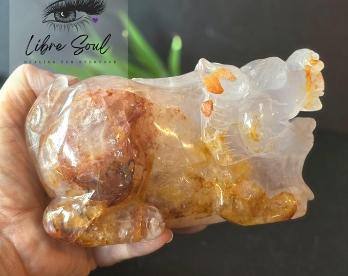 Hand Carved Fire Quartz Pixiu: Hematoid Crystal Pixiu, 5.75"|Feng Shui| Over 1 kilo