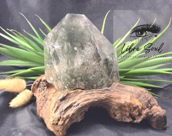 Natural Green Garden Quartz Crystal Specimen Tower with Driftwood Stand