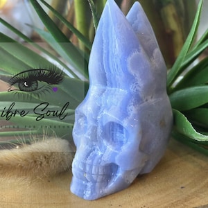 May include: A blue agate skull carving with a pointed top and detailed facial features. The skull is carved from a light blue and white agate stone.