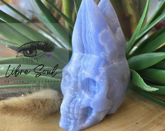 Natural Blue Lace Agate Skull| Blue Lace Agate Alien Hand Carved Skull