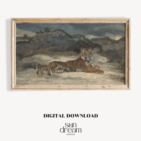 Samsung Frame TV Art | Tiger Artwork for TV | Vintage Wall Art | Vintage Tiger Painting | Dark and Moody TV Art