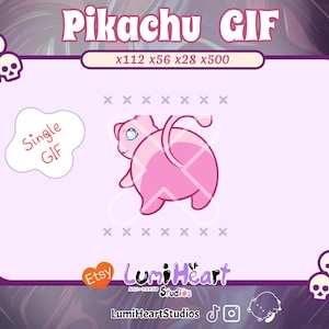 May include: A pink Pikachu animated GIF with the text "Single GIF" and "Pikachu GIF x112 x56 x28 x500" in white text on a pink background.