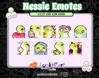 May include: A set of nine digital emotes featuring a green cartoon Nessie monster with different expressions. The emotes are designed for use on Twitch, Discord, and other online platforms. The text "Nessie Emotes" is at the top of the image, and the text "x112 x56 x28 x500" is below it. The text "Etsy LumiHeart Studios" is at the bottom of the image.