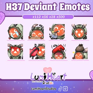 Peut inclure: Un ensemble de huit émoticônes animées représentant un personnage rond et vert avec différentes expressions faciales. Les émoticônes sont intitulées "H37 Deviant Emotes" et mesurent 112x56, 28x500 pixels. Les émoticônes sont conçues par LumiHeartStudios.
