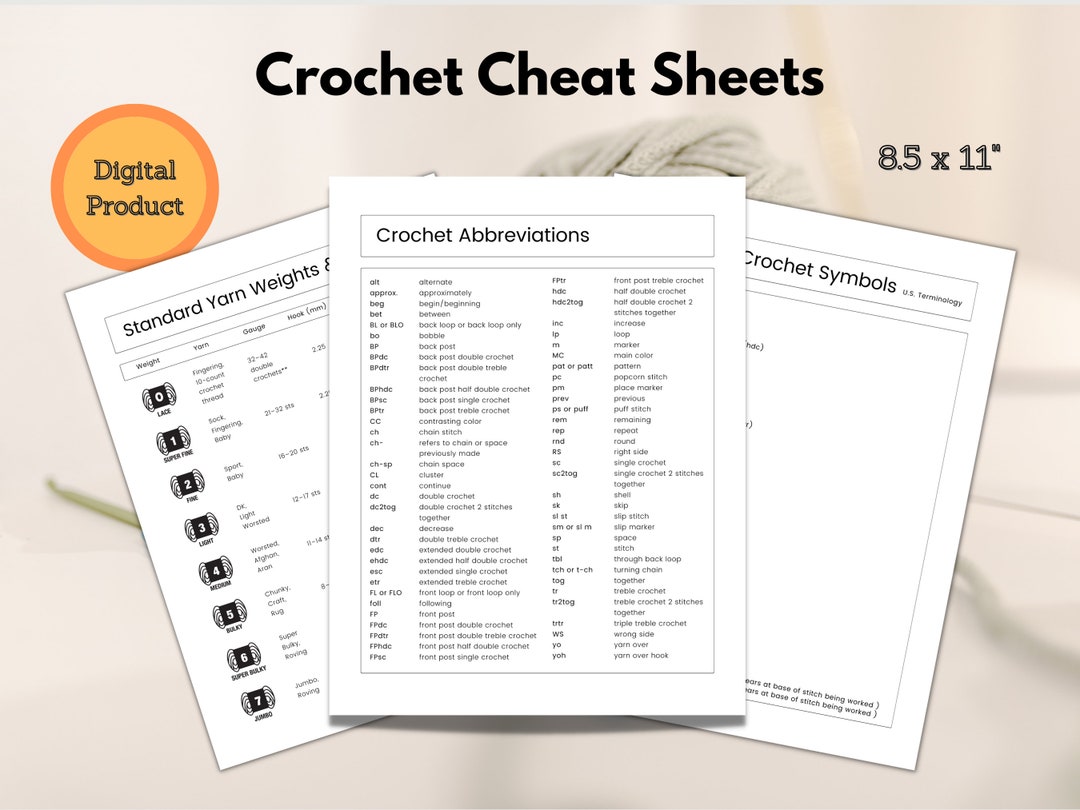Printable Crochet Cheat Sheets PDF, Common Abbreviations, Yarn Guide