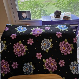 Beautiful purple and blue flowers with gold accents project bag for cross stitch or fabric notions.