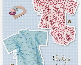 May include: Two baby-sized Japanese-style robes, or "Jinbei", one with a red and white apple pattern and the other with a blue and green dragonfly pattern. The text "Baby's Jinbei" is printed in black on a white background.