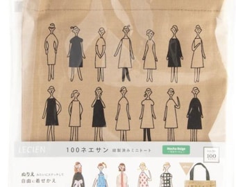 May include: A mocha beige tote bag in clear plastic packaging featuring a printed pattern of black line-art figures wearing various dresses. The packaging includes the text LECIEN 100ネエサン and displays five colored examples of the figures.
