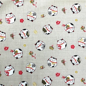 Cosmo Cotton Fabric - Maneki-neko(招き猫),  Beckoning Cat, Lucky Cat, Fortune Cat, Inviting Cat