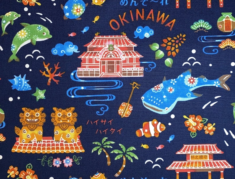 Kokka Cotton Fabrics Hello Japan, Okinawa, Blue and Cream image 2