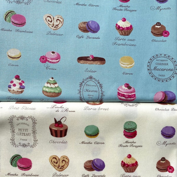 Yuwa Cotton Fabrics - Grands Macarons & Gâteaux, Menthe et Vanille