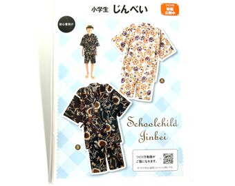 May include: Two different patterns of children's jinbei, a traditional Japanese summer garment. The first pattern is white with orange and purple flowers. The second pattern is black with orange and white flowers. The text on the image reads "小学生 じんべい" which translates to "Elementary School Jinbei" and "Schoolchild Jinbei".