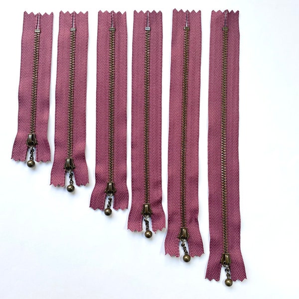 YKK Zips/Zippers 10cm, 12cm, 14cm, 16cm, 18cm and 20cm, Metallic Antique Gold Coloured Ball Slider & Teeth, Dark Purple