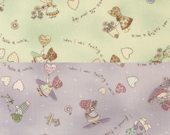 May include: A fabric print featuring two distinct sections in light green and light purple. The pattern displays illustrations of children in bonnets, hearts, flowers, and houses, accompanied by cursive text including "walking is fun" and "I found a flower."