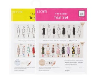 May include: A Lecien 100 Ladies Trial Set embroidery kit in a plastic package with a pink header. The front displays line drawings of figures and finished embroidered designs, with text including 100 Ladies Trial Set and instructions.
