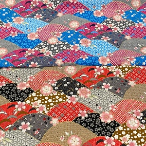Cotton Fabric - Wave & Sakura Pattern, Purple + Blue and Red + Black