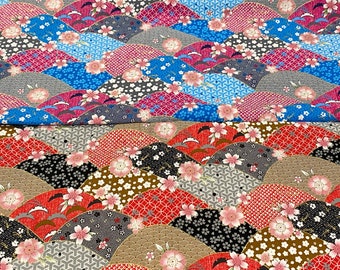 Cotton Fabric - Wave & Sakura Pattern, Purple + Blue and Red + Black