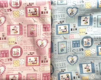 May include: Two fabric panels with a sewing theme. One is pink, the other is blue. Both feature repeating patterns of a sewing bunny, sewing tools, and the word "Sewing". The design includes hearts, squares, and circles with text.