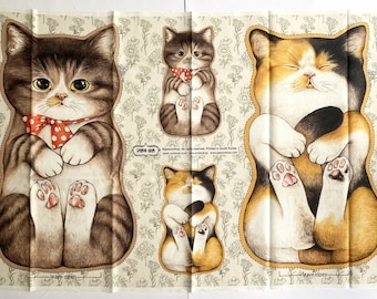 May include: A fabric panel with three different cat illustrations. The cats are brown tabby, calico, and orange tabby. The fabric is cream colored with a floral pattern. The text "Leave open" appears twice on the panel.