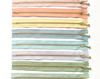 YKK Zips/Zippers 20cm, Pastel Colour, Metallic Gold Coloured Ball Slider & Teeth