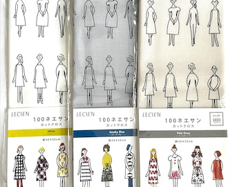 May include: Three rectangular fabric panels labeled Lecien 100 Nesan, each measuring 40 by 52 cm. The panels feature black line drawings of figures in various dresses. The packaging includes color-coded labels for White, Smoky Blue, and Pale Gray.