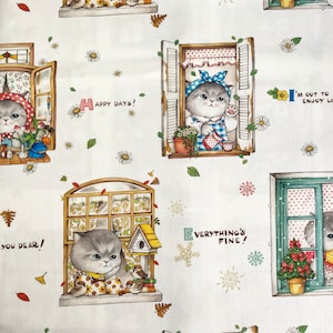 Uncle Cat Fabric - Four Seasons (145cm x 56cm), Spring, Summer, Autumn, Winter, Cat, Kitten