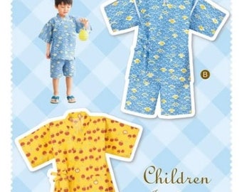 May include: An image showcases children's Jinbei sets. One set is blue with a wave pattern, and the other is yellow with a brown dot pattern. The image also features a child wearing a blue Jinbei set. The text "Children Jinbei" is visible.
