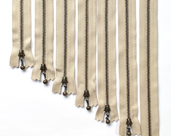 YKK Zips/Zippers 10cm, 12cm, 14cm, 16cm, 18cm, 20cm and 25cm, Metallic Antique Gold Coloured Ball Slider & Teeth, Beige