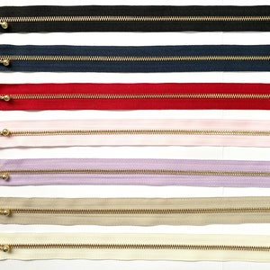 Può includere: Assortimento di cerniere lampo in vari colori, tra cui nero, blu navy, rosso, rosa, lavanda, beige e crema. Ogni cerniera ha un cursore e denti in metallo dorato. Le cerniere sono disposte orizzontalmente.