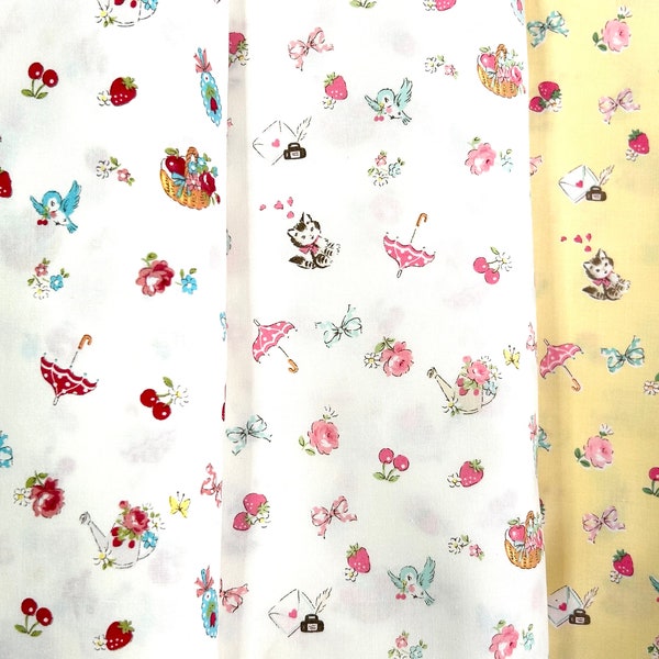 Atsuko Matsuyama x Yuwa Cotton Fabric - Charming One, Cat, Bird, Strawberry, Cherry, Ribbon, Flower, White and Red, White and Pastel, Yellow