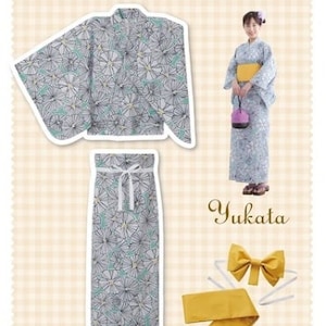 May include: A two-piece yukata with a floral pattern in shades of blue and white. The yukata is shown with a matching obi and a bow tie. The text "おとなの 二部式ゆかた (帯つき)" is written in Japanese at the top of the image. The text "Yukata" is written in English at the bottom of the image.