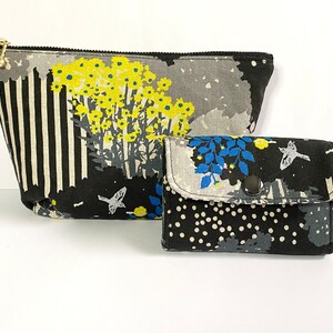 Cosmetic Pouch/Makeup Pouch/Toiletry Bag & Mini Wallet/Purse/Cards Holder (Kokka echino Cotton Linen Fabric - Garden (Black))