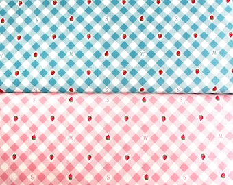 Quilt Gate Cotton Fabrics - Margaret & Sophie 6 ~ Love Strawberry Series, Strawberry Gingham, Bleu clair, Rose