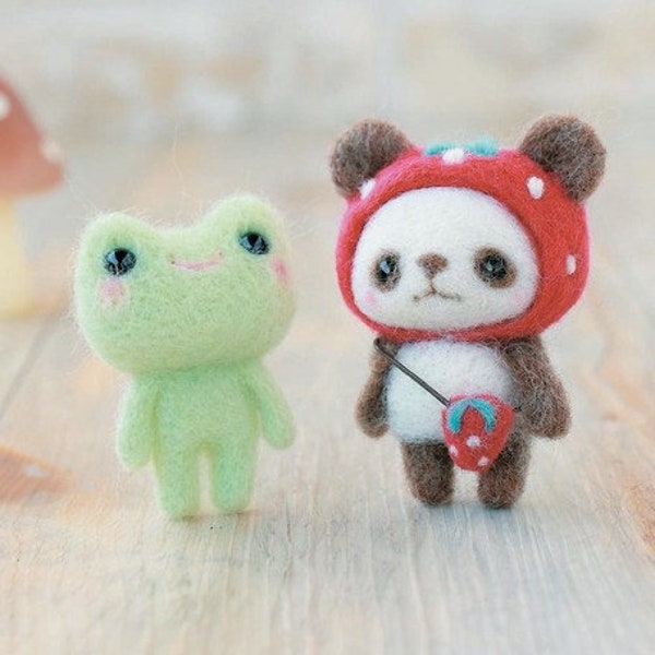 Japanese Hamanaka Needle Felting Craft Kit - Felt Wool Mascot, Strawberry Hat Panda & Frog