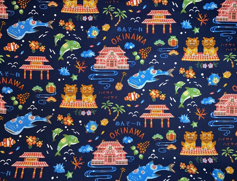 Kokka Cotton Fabrics Hello Japan, Okinawa, Blue and Cream Blue